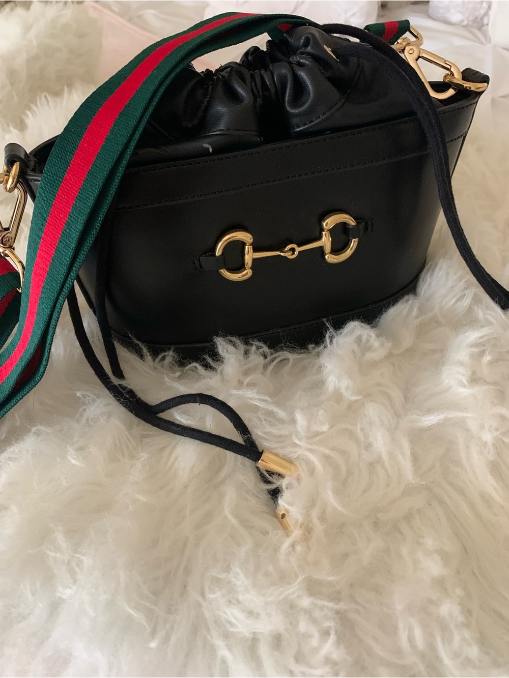 Black Leather Crossbody Bag with Gold Horsebit Detail